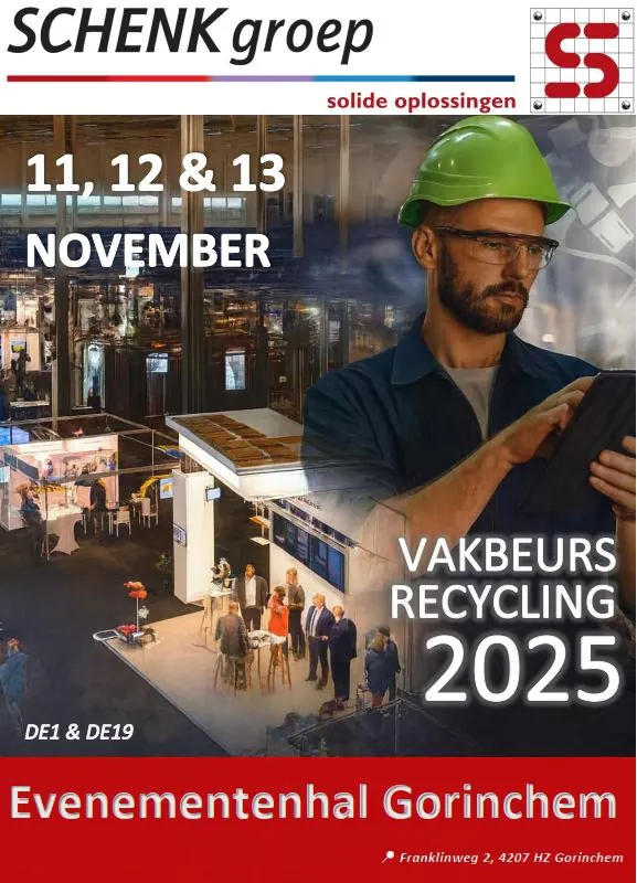 Promotionele beursvisual voor SCHENKgroep met het logo linksboven op een witte achtergrond en een kleurverloopbalk van rood naar blauw. Rechts toont de afbeelding een man met groene veiligheidshelm en tablet in een industriële omgeving, met op de achtergrond een drukbezochte vakbeursvloer vol stands en bezoekers.